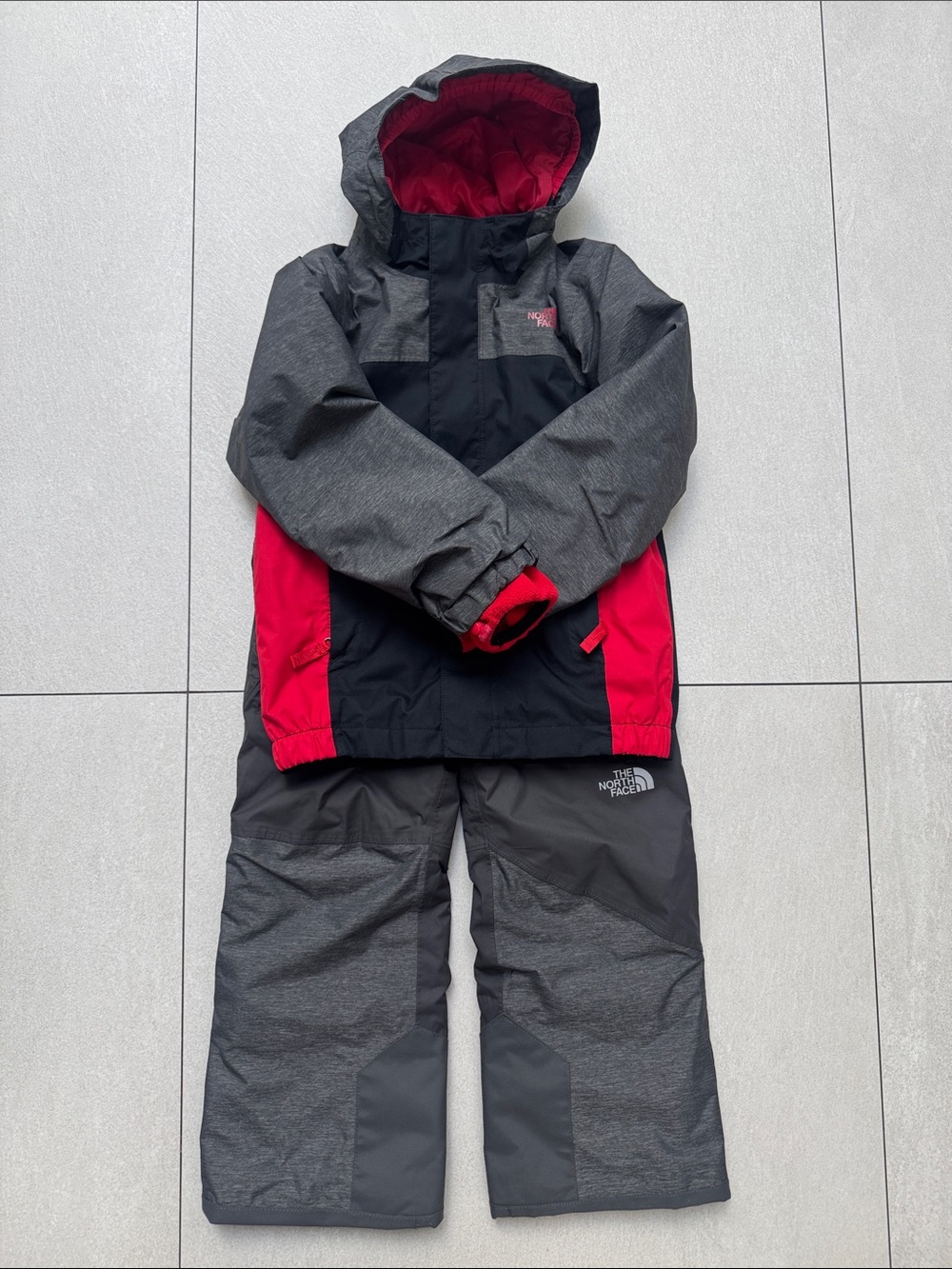 The North Face Kids' Two-Tone Gray & Red Ski Jacket and Pants
